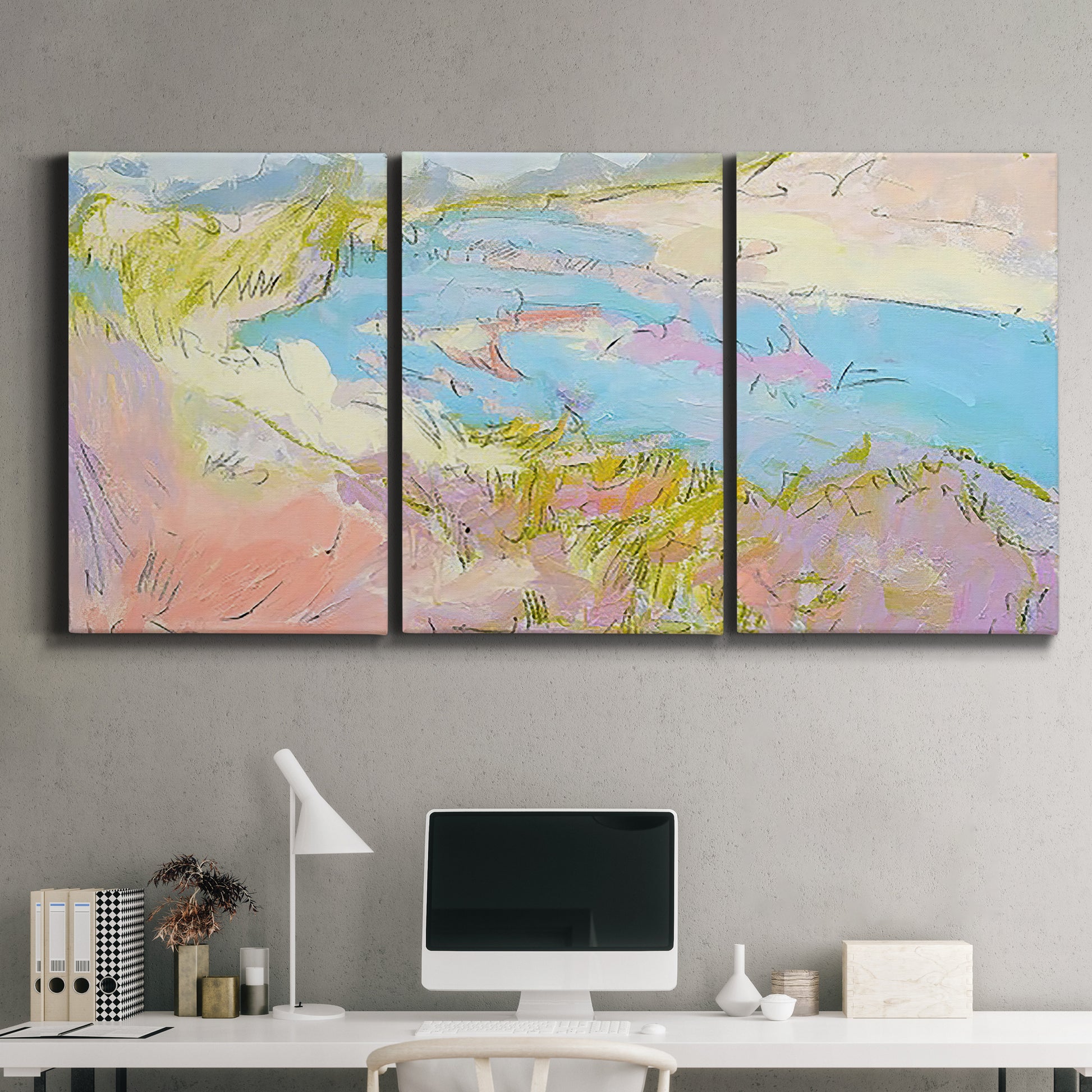 Three-panel canvas wall art featuring geometric mid century abstract blocks, displayed above a desk in a home office.