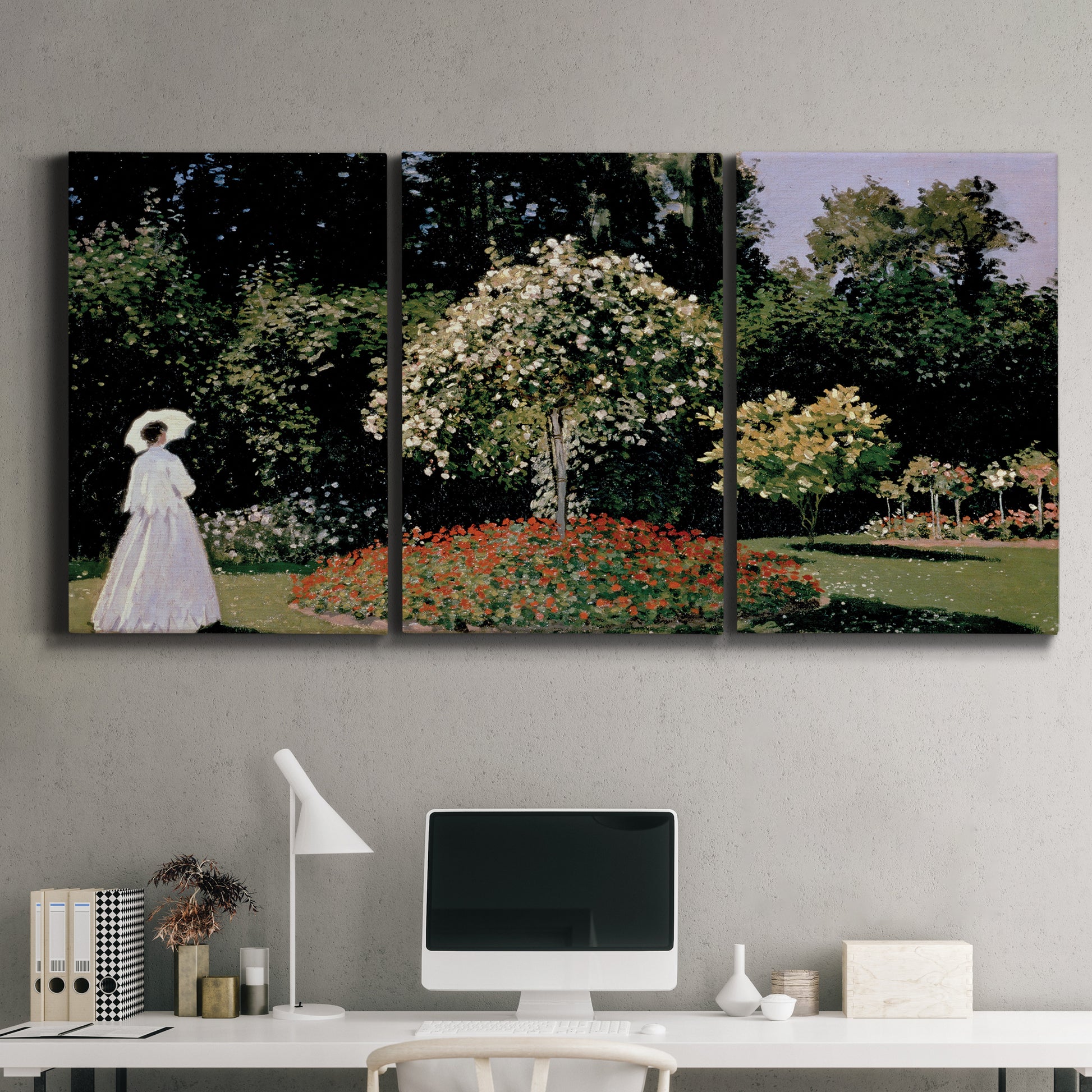 Three-panel canvas wall art featuring woman seated in garden landscape, displayed above a desk in a home office.