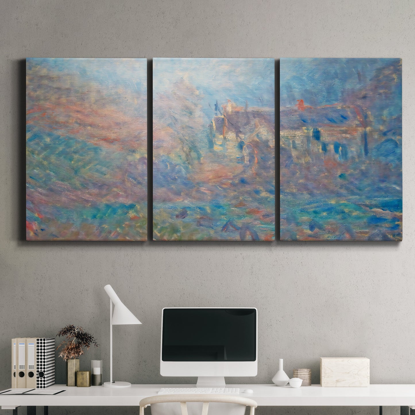 Three-panel canvas wall art featuring sunlit valley landscape, displayed above a desk in a home office.