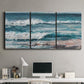 Three-panel canvas wall art featuring crashing ocean waves along shoreline, displayed above a desk in a home office.