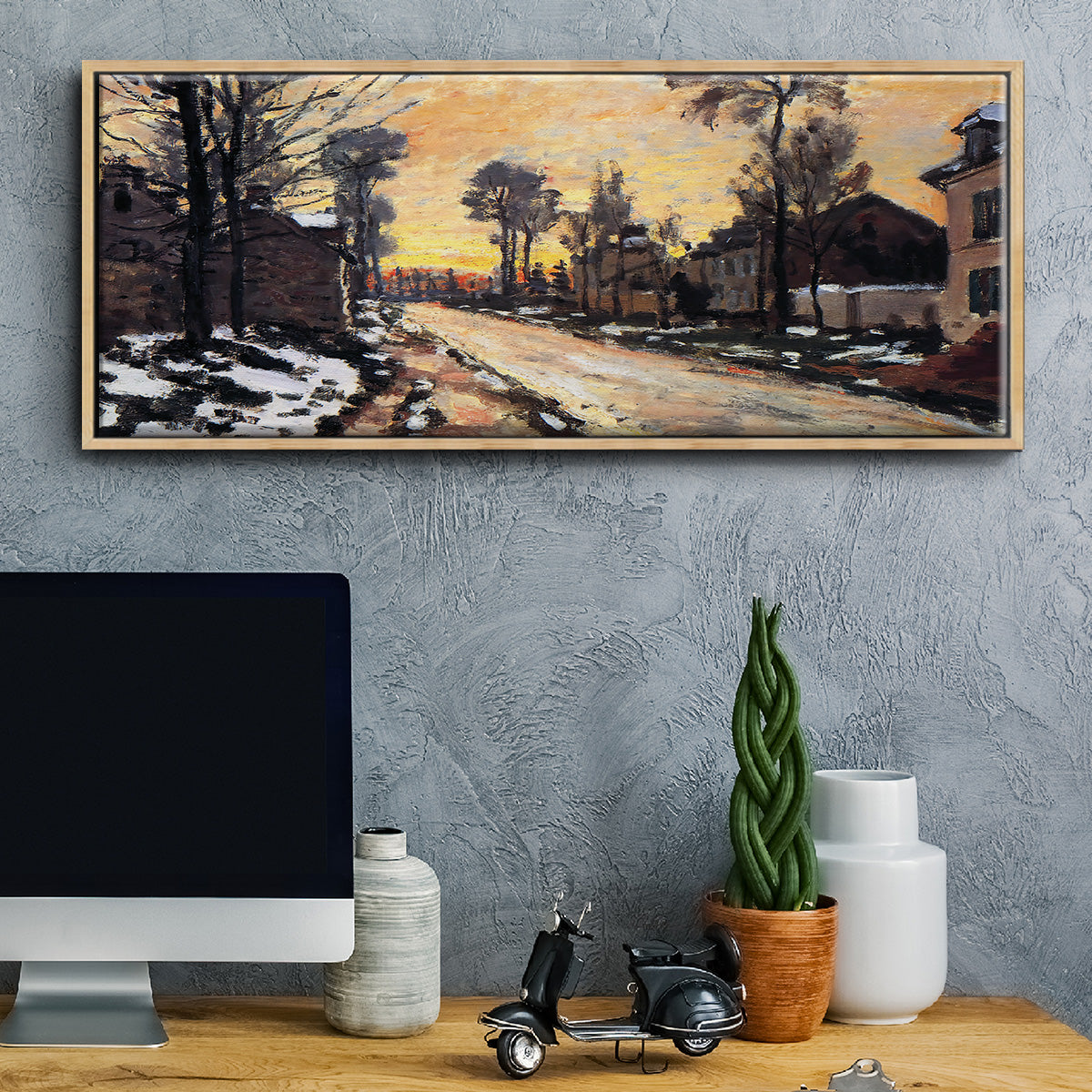 Road at Louveciennes, Melting Snow, Sunset, 1870 - Floater Framed Canvas Print