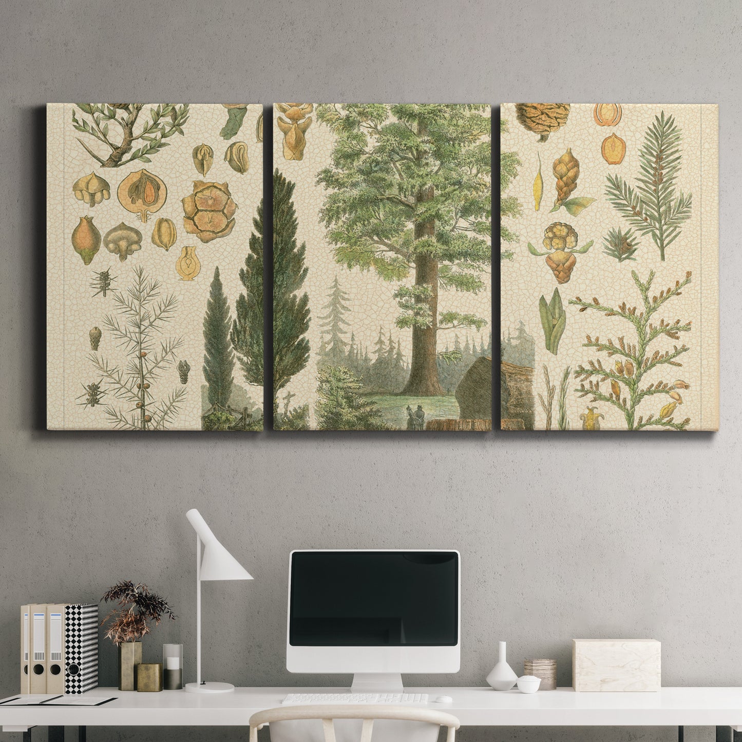 Three-panel canvas wall art featuring vintage floral botanical collage, displayed above a desk in a home office.