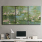Three-panel canvas wall art featuring soft green water lilies, displayed above a desk in a home office.