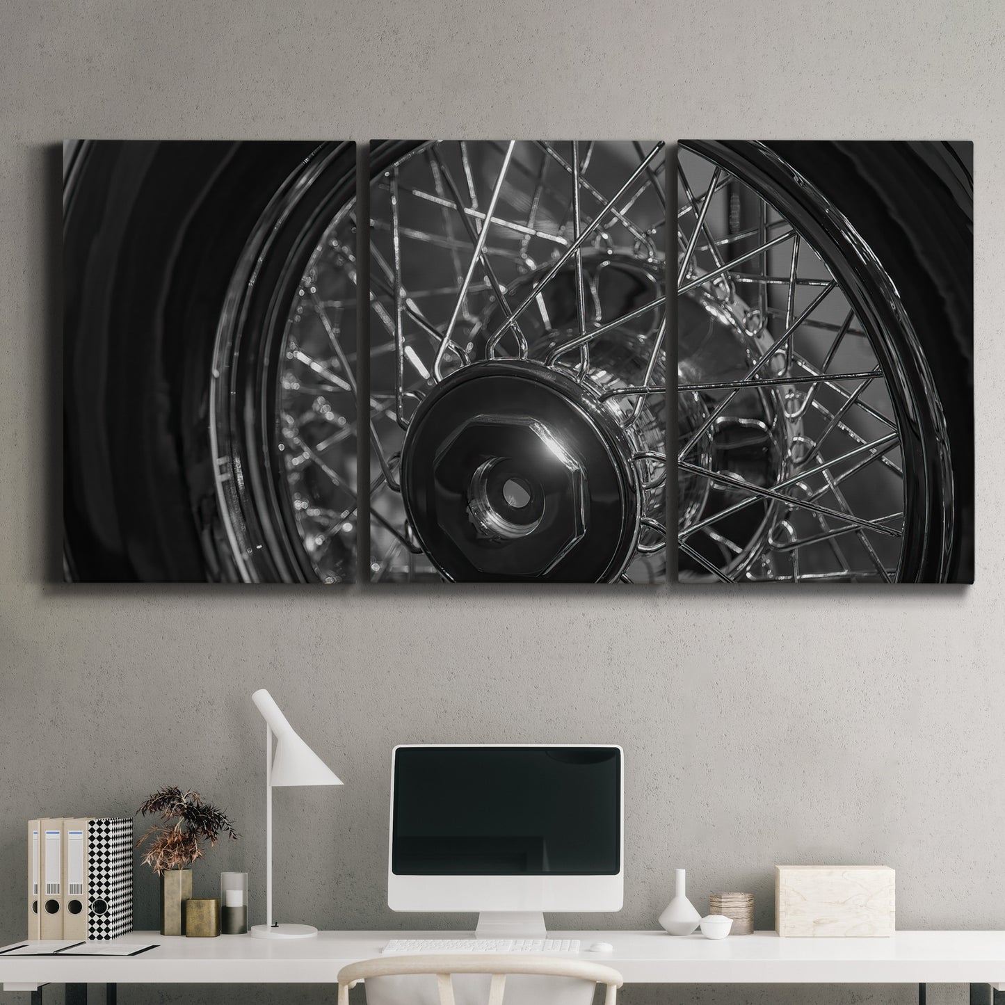 Three-panel canvas wall art featuring vintage car grille detail, displayed above a desk in a home office.