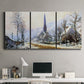 Three-panel canvas wall art featuring snow covered road leading to village, displayed above a desk in a home office.