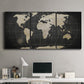 Three-panel canvas wall art featuring antique world map illustration, displayed above a desk in a home office.