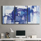 Three-panel canvas wall art featuring abstract urban street scene, displayed above a desk in a home office.
