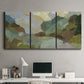 Three-panel canvas wall art featuring abstract landscape suggesting travel pause, displayed above a desk in a home office.