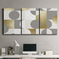 Three-panel canvas wall art featuring geometric gold abstract reflections, displayed above a desk in a home office.
