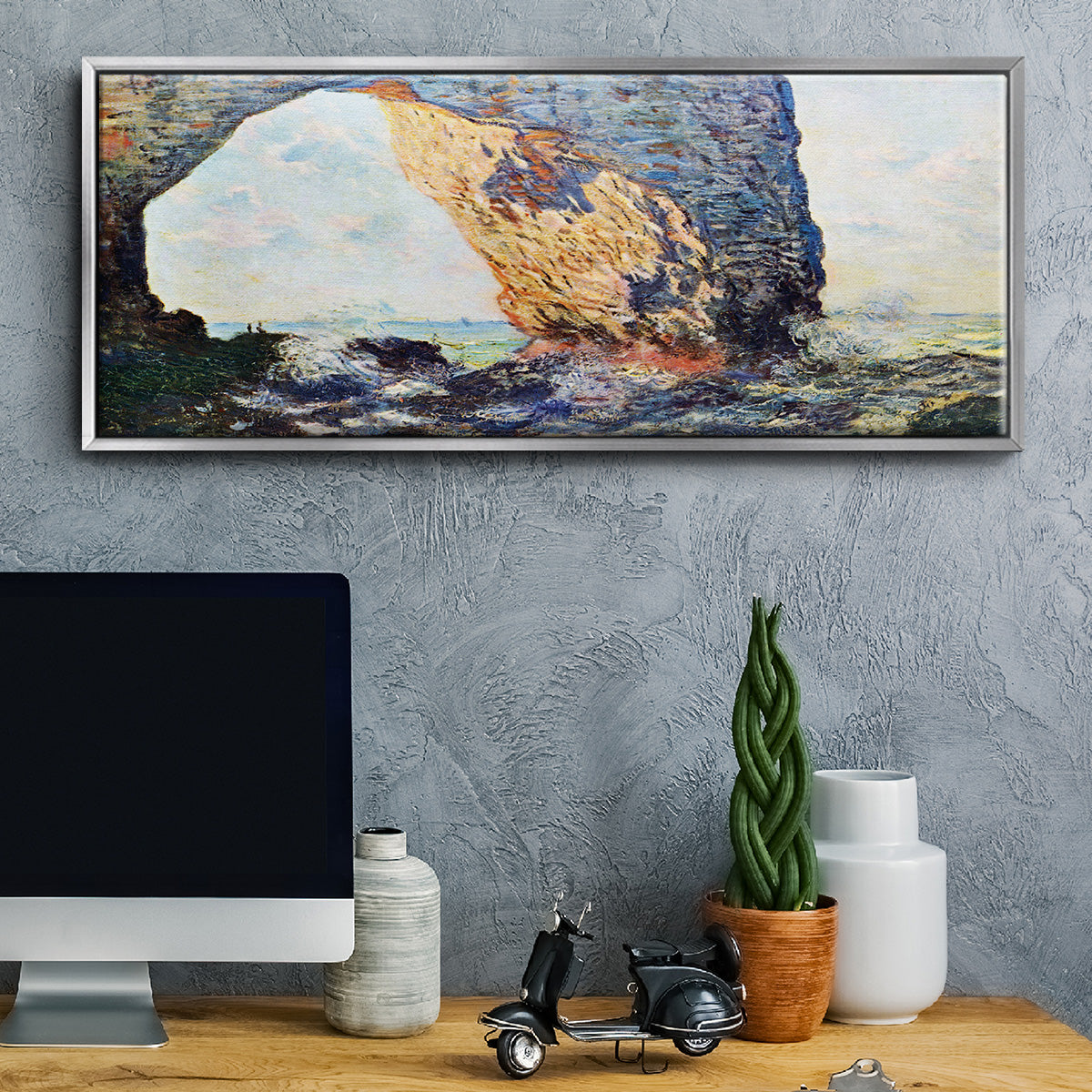 The rocky cliffs of Ã‰tretat (La Porte man) [1] by Monet - Floater Framed Canvas Print