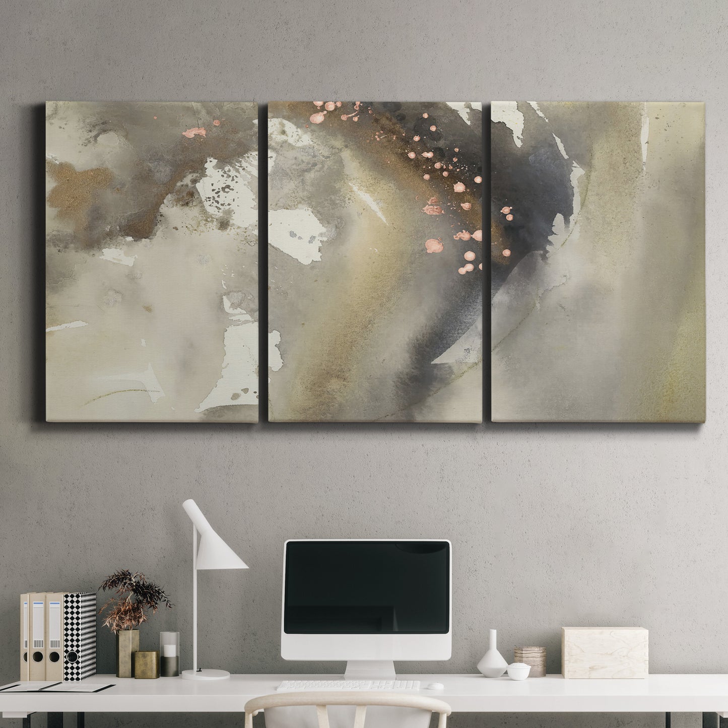 Three-panel canvas wall art featuring flowing abstract wave motion, displayed above a desk in a home office.