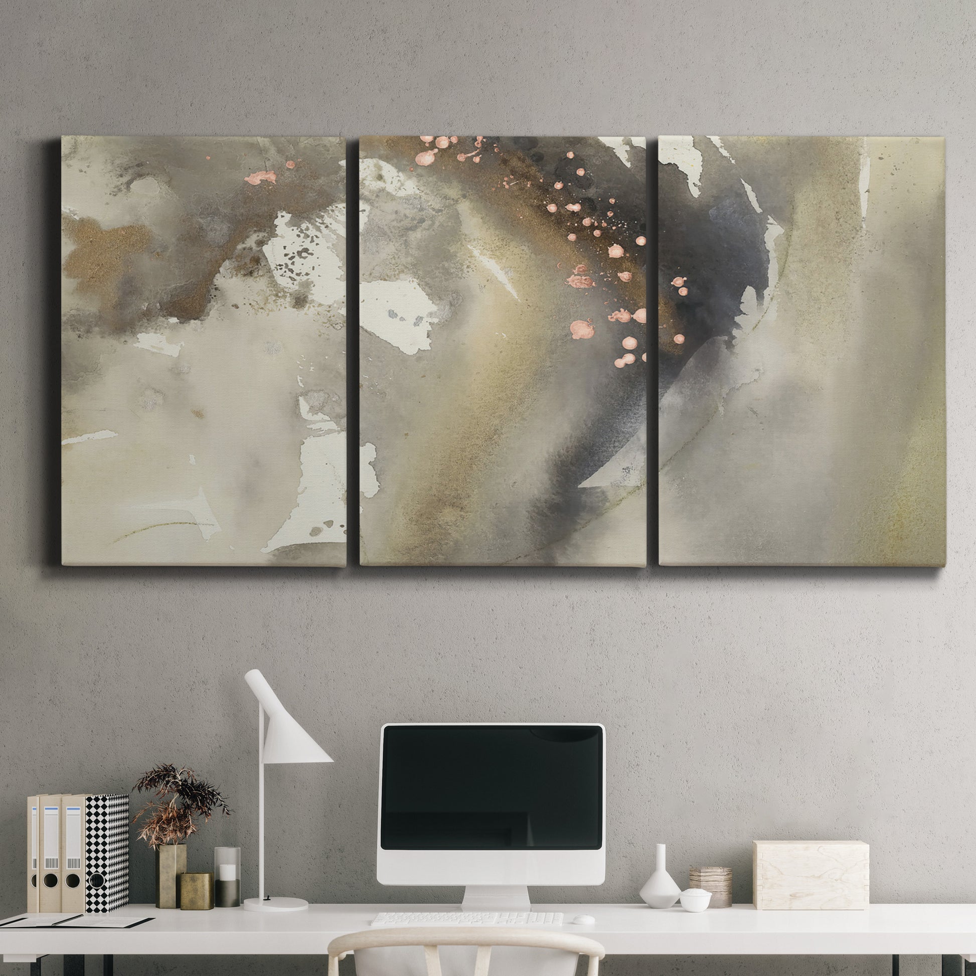 Three-panel canvas wall art featuring flowing abstract wave motion, displayed above a desk in a home office.