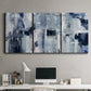 Three-panel canvas wall art featuring soft abstract mountain color fields, displayed above a desk in a home office.