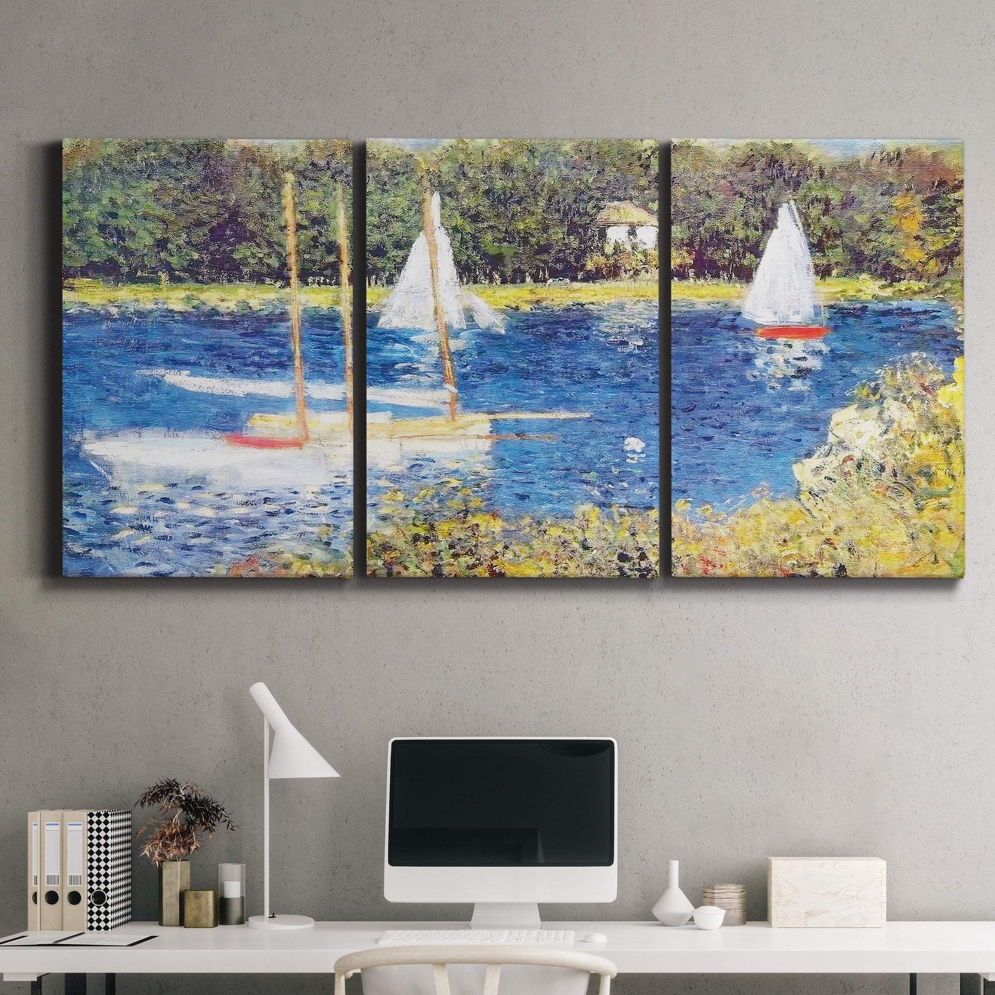 Three-panel canvas wall art featuring river scene with reflections, displayed above a desk in a home office.