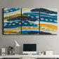 Three-panel canvas wall art featuring feather inspired abstract linear motion, displayed above a desk in a home office.