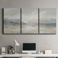 Three-panel canvas wall art featuring soft abstract horizon haze, displayed above a desk in a home office.
