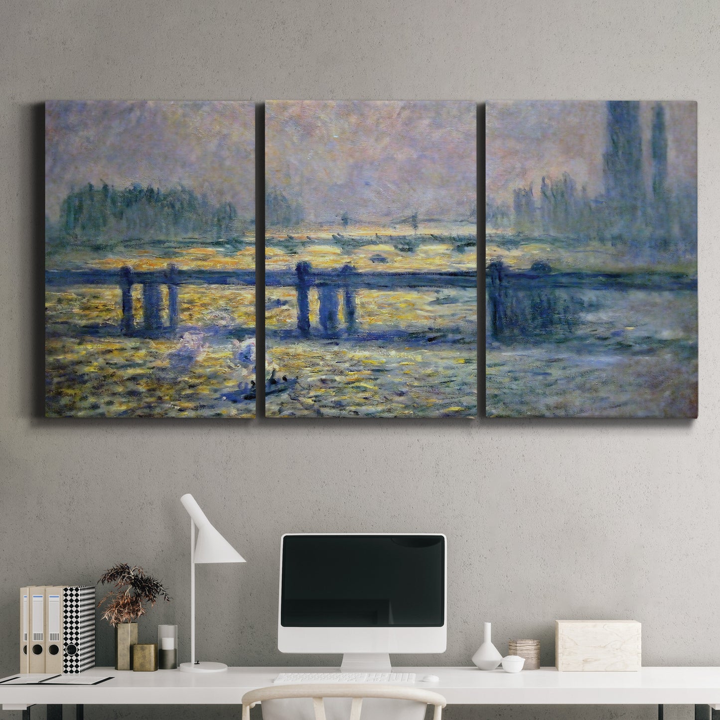 Three-panel canvas wall art featuring london bridge crossing wide river, displayed above a desk in a home office.