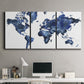 Three-panel canvas wall art featuring world map with water motif, displayed above a desk in a home office.
