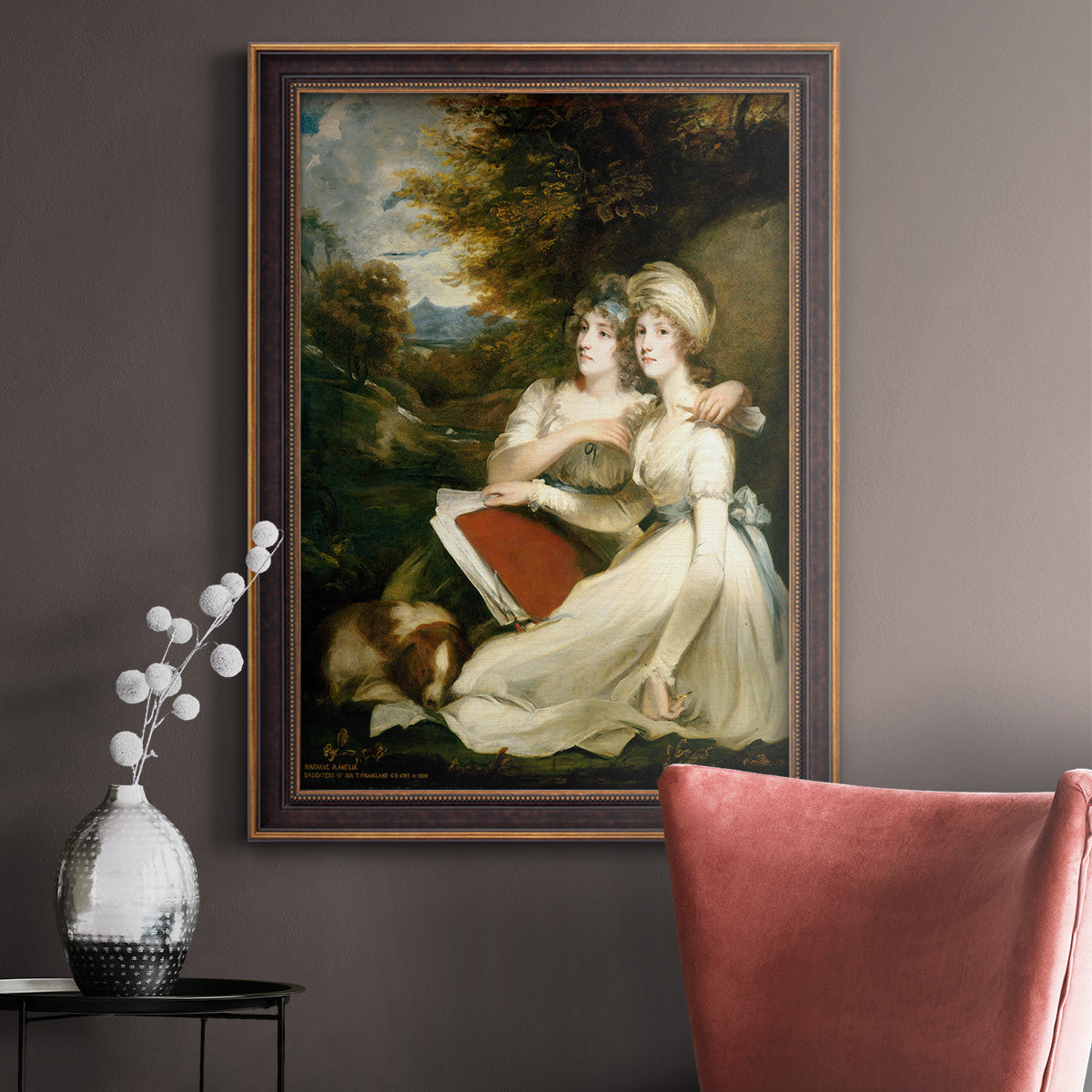 Classical portrait of the Frankland sisters by John Hoppner in an ornate bronzed mahogany wood frame displayed in a neutral interior setting.