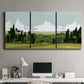 Three-panel canvas wall art featuring lush green summer countryside, displayed above a desk in a home office.