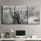 Three-panel canvas wall art featuring large highland cow portrait, displayed above a desk in a home office.
