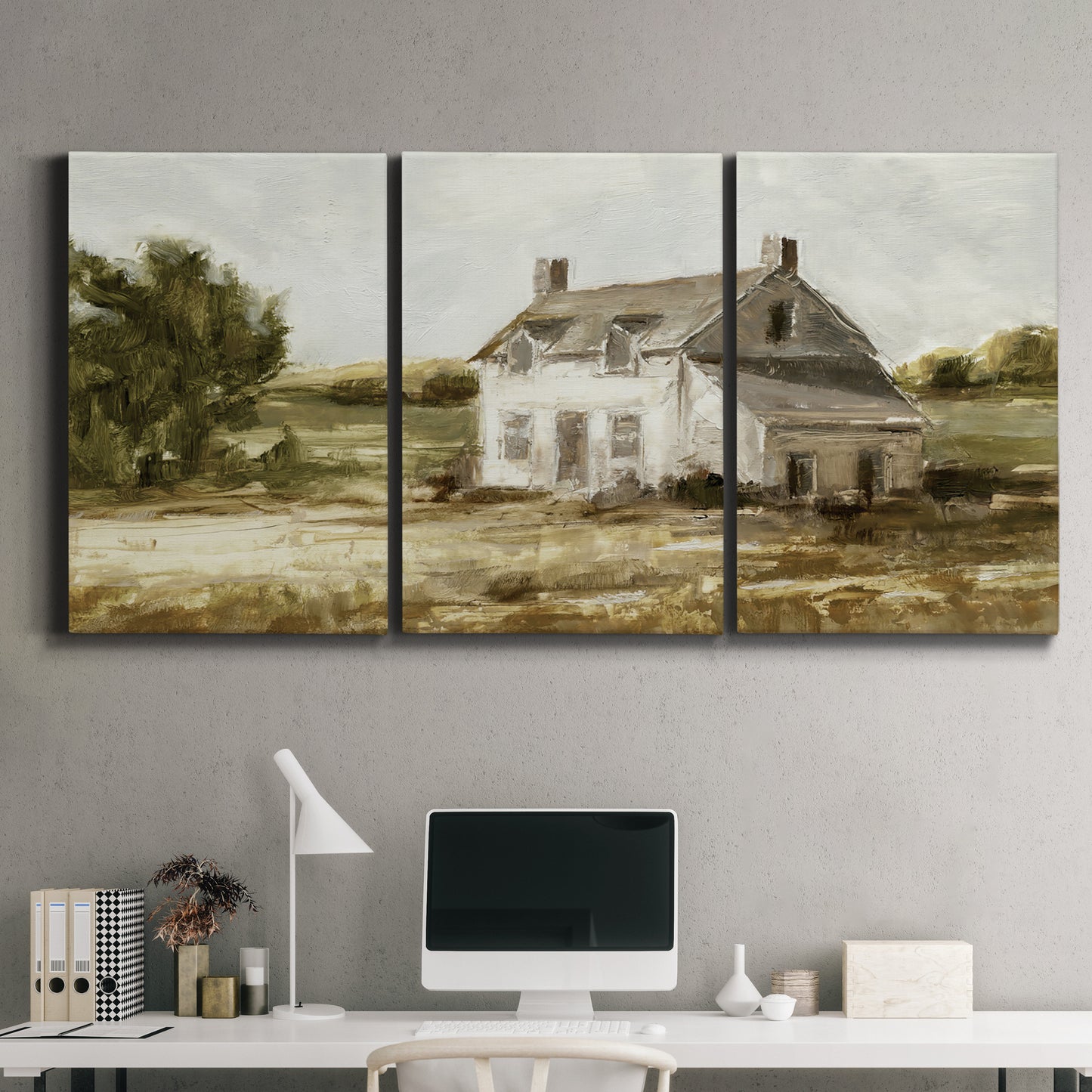 Three-panel canvas wall art featuring rural farmhouse harvest landscape, displayed above a desk in a home office.