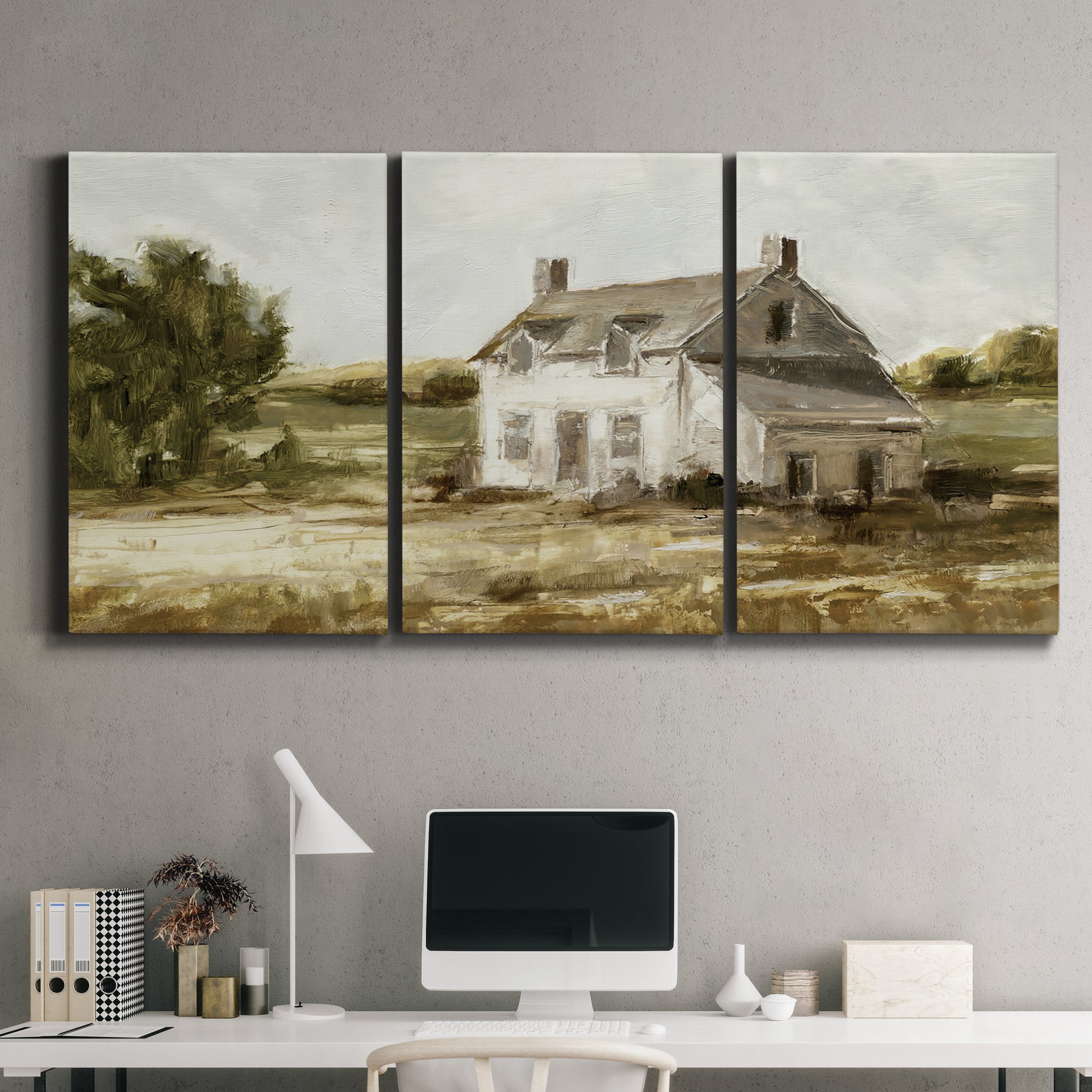 Three-panel canvas wall art featuring rural farmhouse harvest landscape, displayed above a desk in a home office.