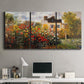 Three-panel canvas wall art featuring farm buildings in rural normandy, displayed above a desk in a home office.