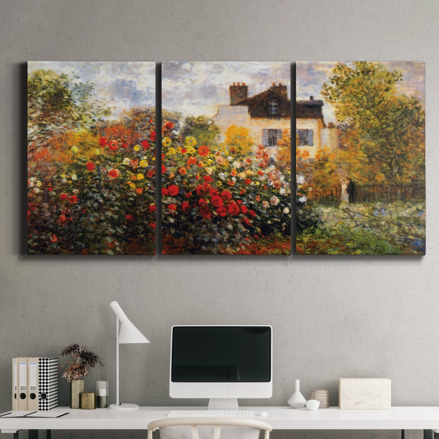 Three-panel canvas wall art featuring farm buildings in rural normandy, displayed above a desk in a home office.