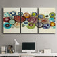 Three-panel canvas wall art featuring mid century geometric red pathway, displayed above a desk in a home office.