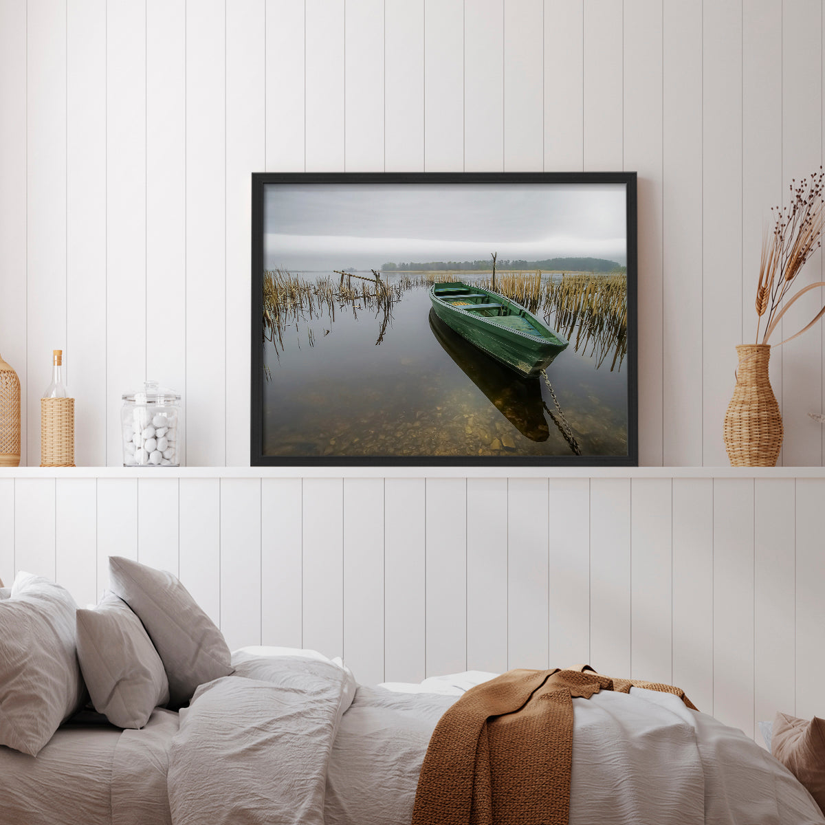 45429,boat,water,reeds,lake,nature,overcast,sky,tranquil,calm,greenery,afternoon,reflection,tethered,landscape,serenity,outdoor,fishing,solitude,stillness,peaceful,horizon,shoreline,environment,natural,scenery,rustic,cozy,wildlife,moored,setting,dock,pond,weather,rural,atmosphere,beauty,aquatic,preserve,Re-stickable,Nautical & Beach