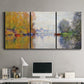 Three-panel canvas wall art featuring golden autumn light over riverside, displayed above a desk in a home office.