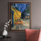 Impressionist night café street scene by Vincent van Gogh in an ornate bronzed mahogany wood frame displayed in a neutral interior setting.