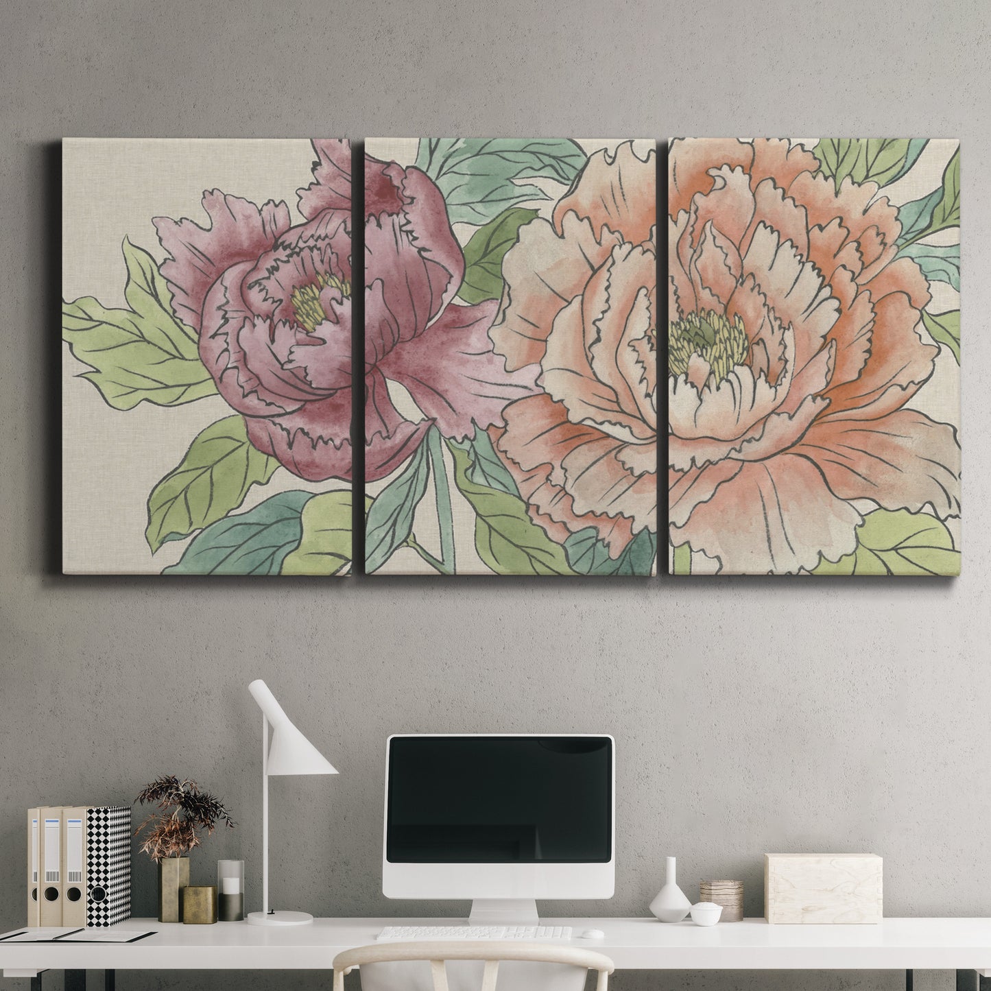 Three-panel canvas wall art featuring pastel peony flower composition, displayed above a desk in a home office.