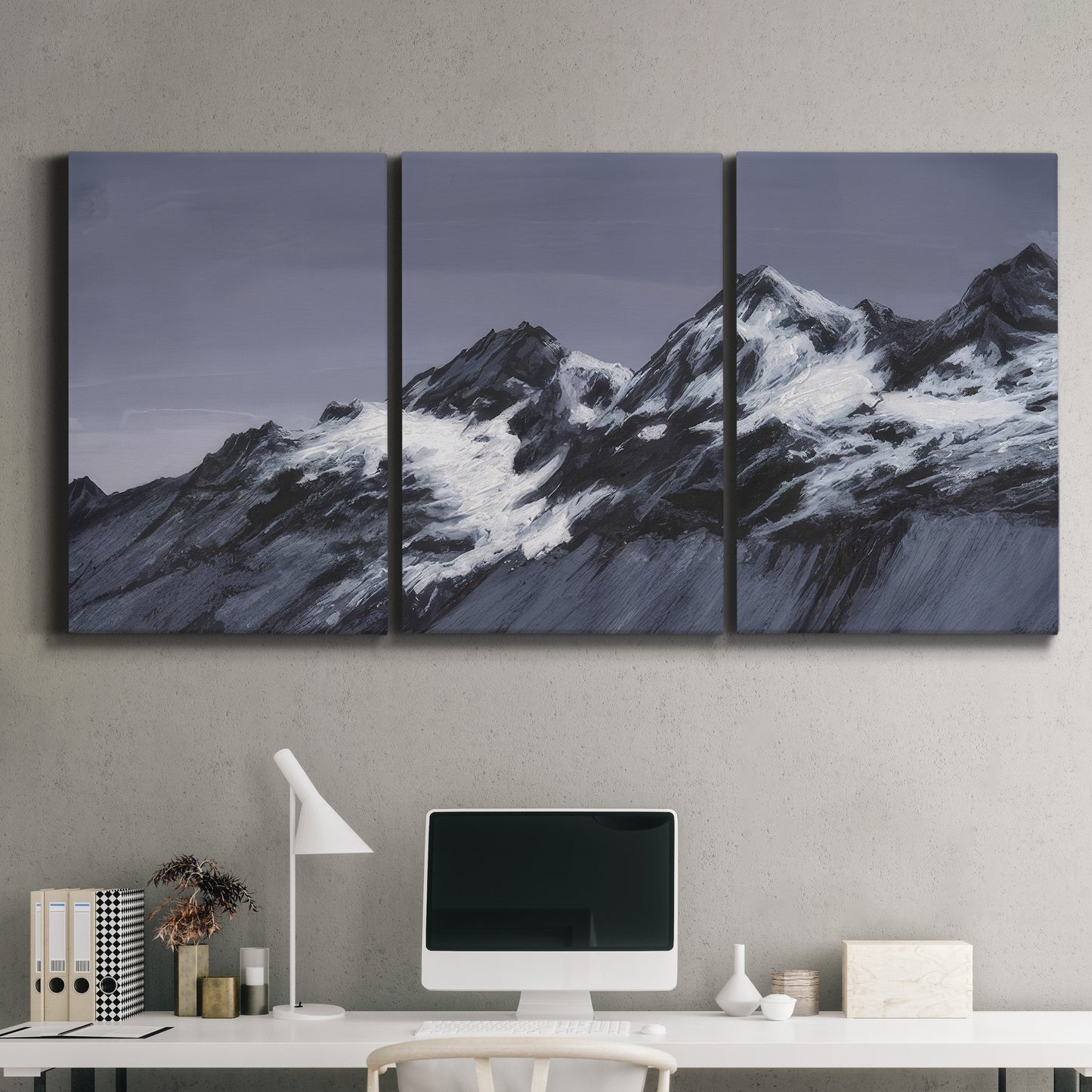Three-panel canvas wall art featuring moonlit mountain peaks under night sky, displayed above a desk in a home office.