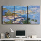 Three-panel canvas wall art featuring water lilies in blue and gold, displayed above a desk in a home office.