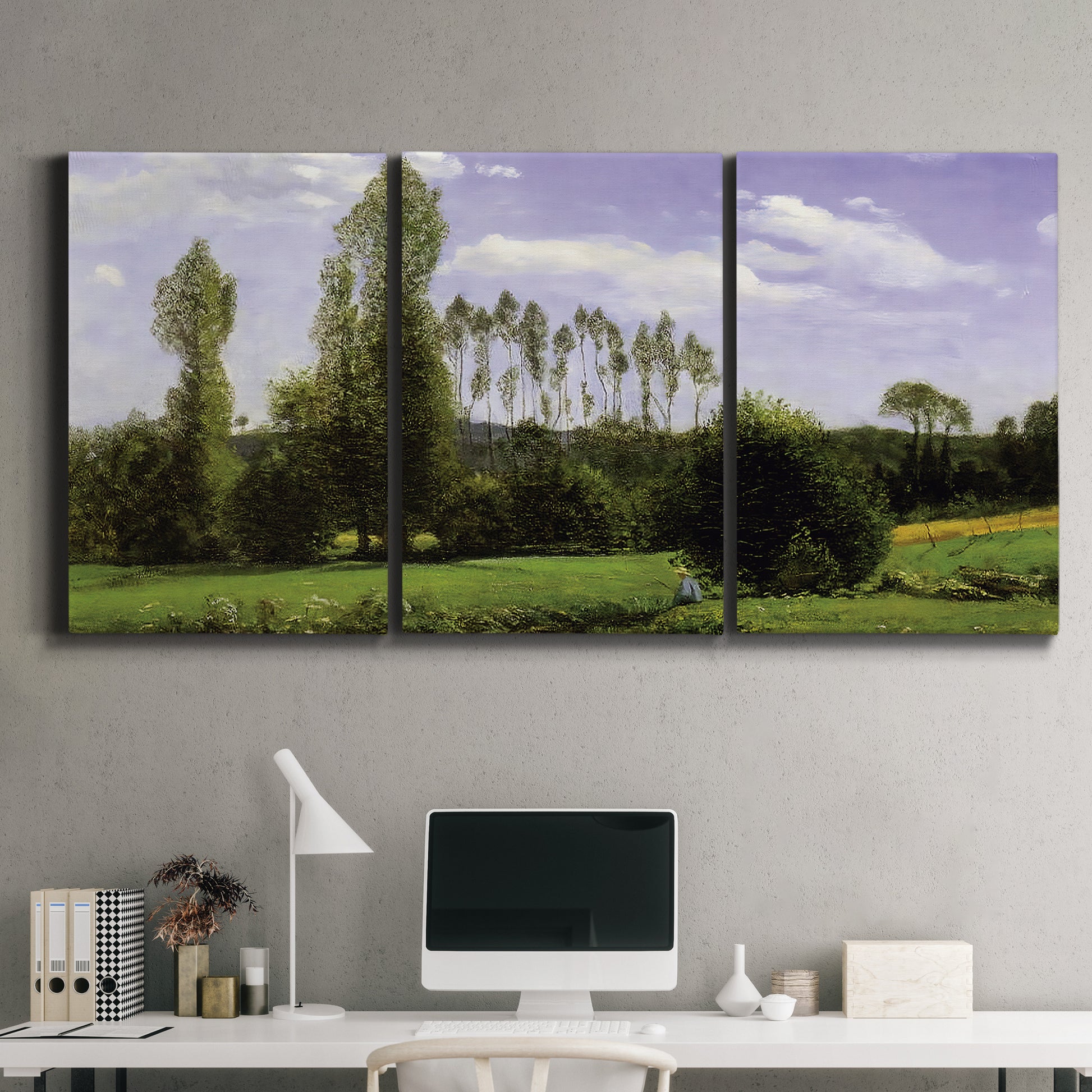 Three-panel canvas wall art featuring open landscape near le havre, displayed above a desk in a home office.
