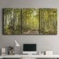 Three-panel canvas wall art featuring tree lined forest road photograph, displayed above a desk in a home office.