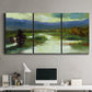 Three-panel canvas wall art featuring open meadow landscape with distant hills, displayed above a desk in a home office.