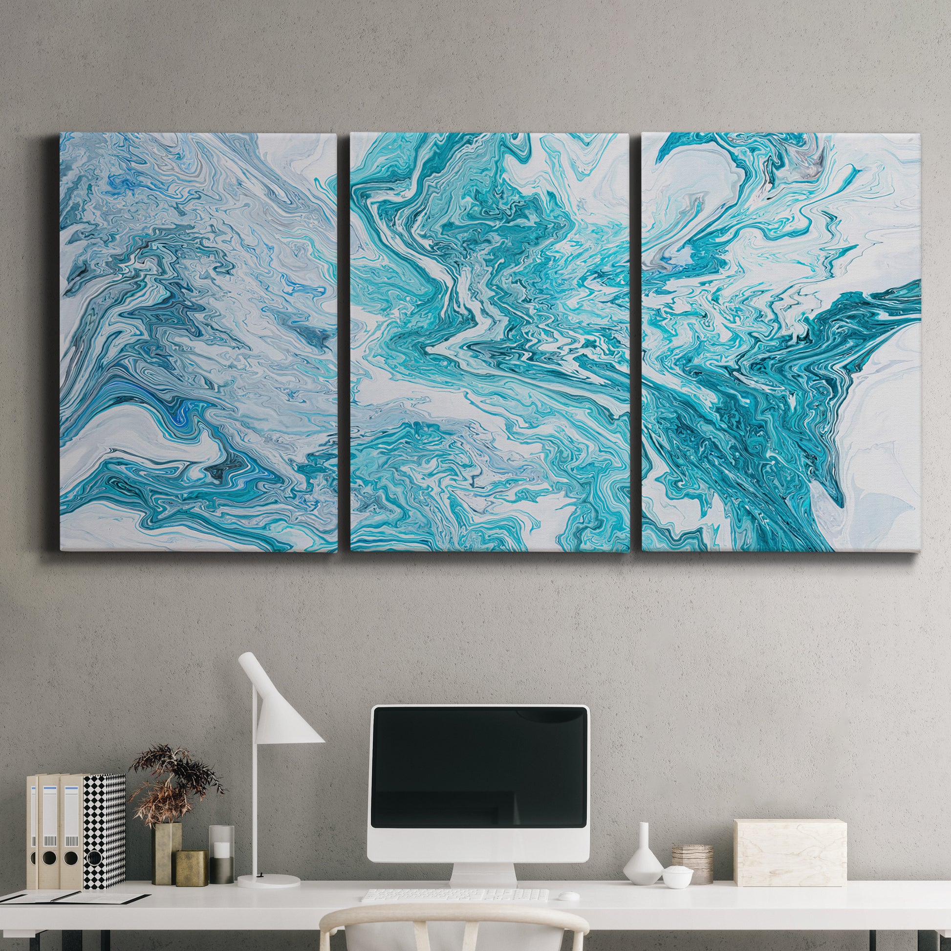 Three-panel canvas wall art featuring rocky coastal tide pool scene, displayed above a desk in a home office.