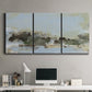Three-panel canvas wall art featuring minimal abstract summer landscape, displayed above a desk in a home office.