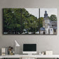Three-panel canvas wall art featuring chapel building in rural setting, displayed above a desk in a home office.
