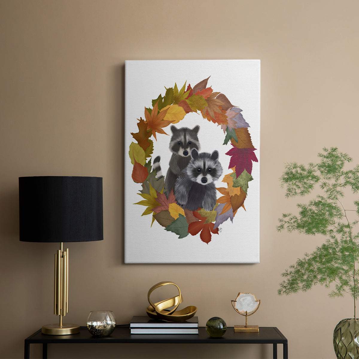 Raccoons Autumn Leaf Wreath - Canvas Art Print