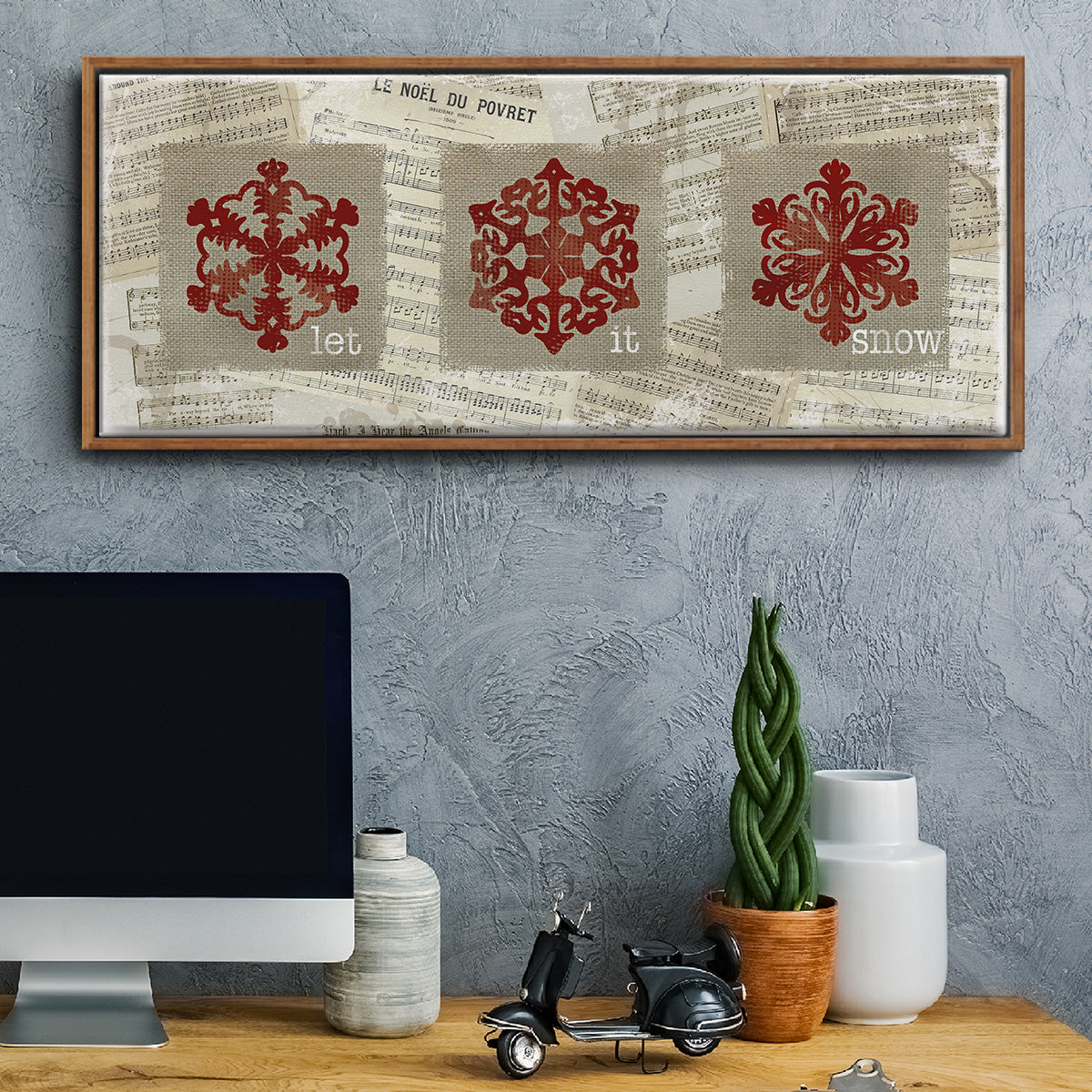 Burlap Music Snowflakes - Floater Framed Canvas Print