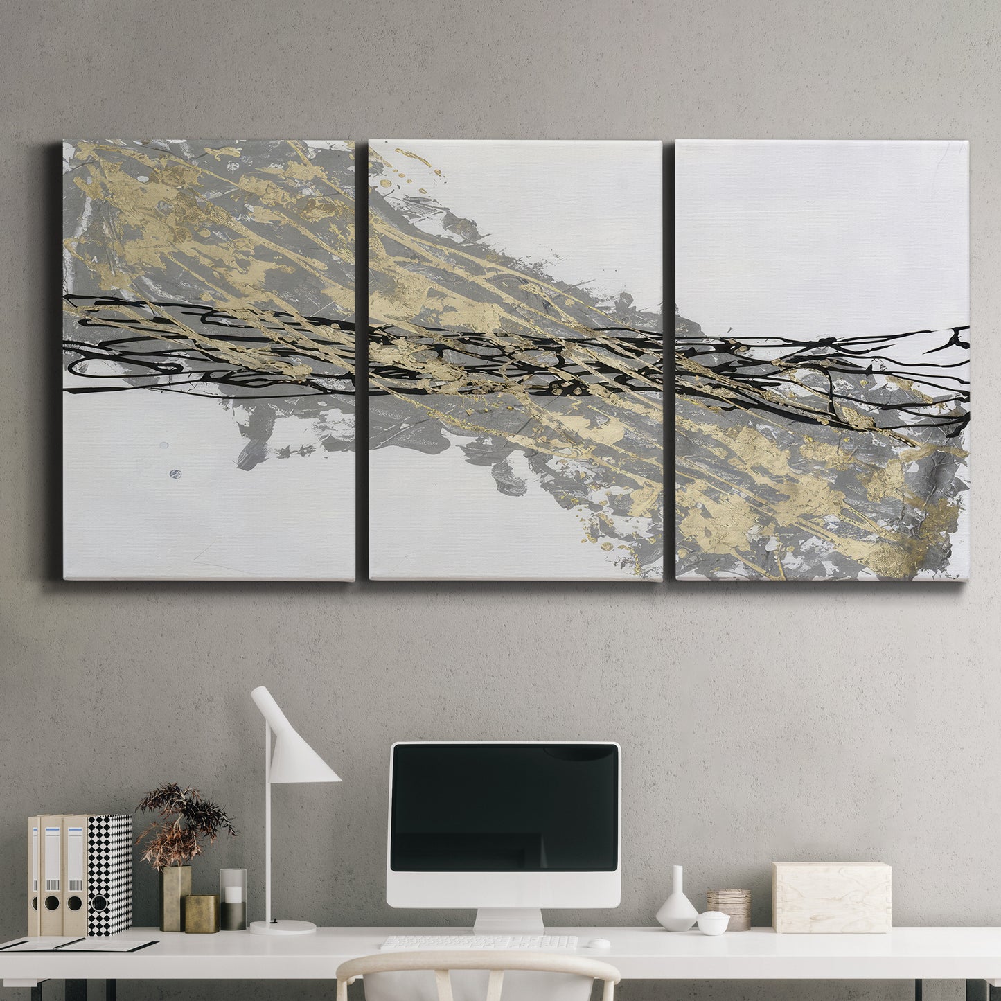 Three-panel canvas wall art featuring light modern abstract wind patterns, displayed above a desk in a home office.