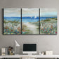 Three-panel canvas wall art featuring lush coastal garden landscape, displayed above a desk in a home office.
