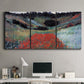 Three-panel canvas wall art featuring poppy field in shallow valley, displayed above a desk in a home office.