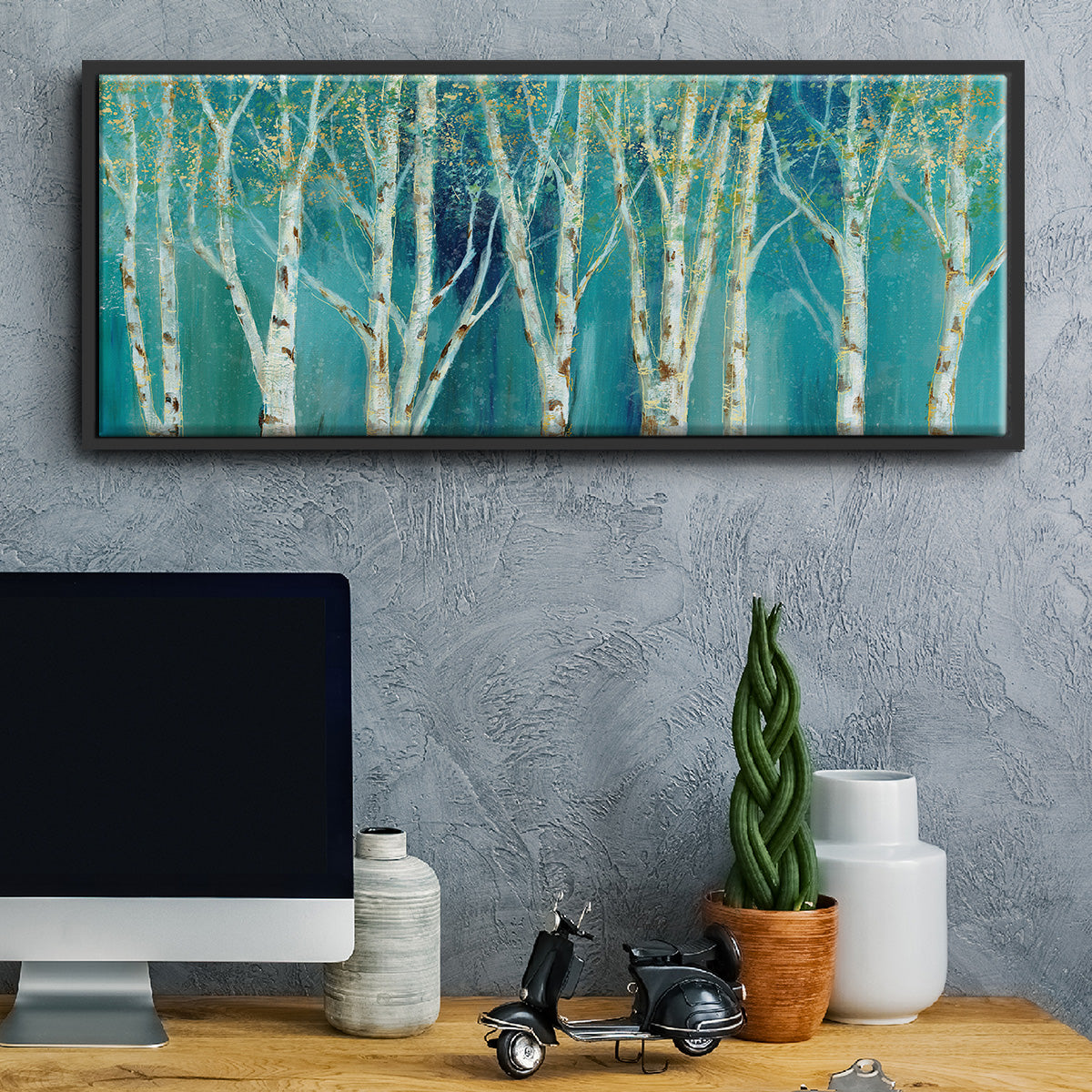 Birch on Blue - Floater Framed Canvas Print