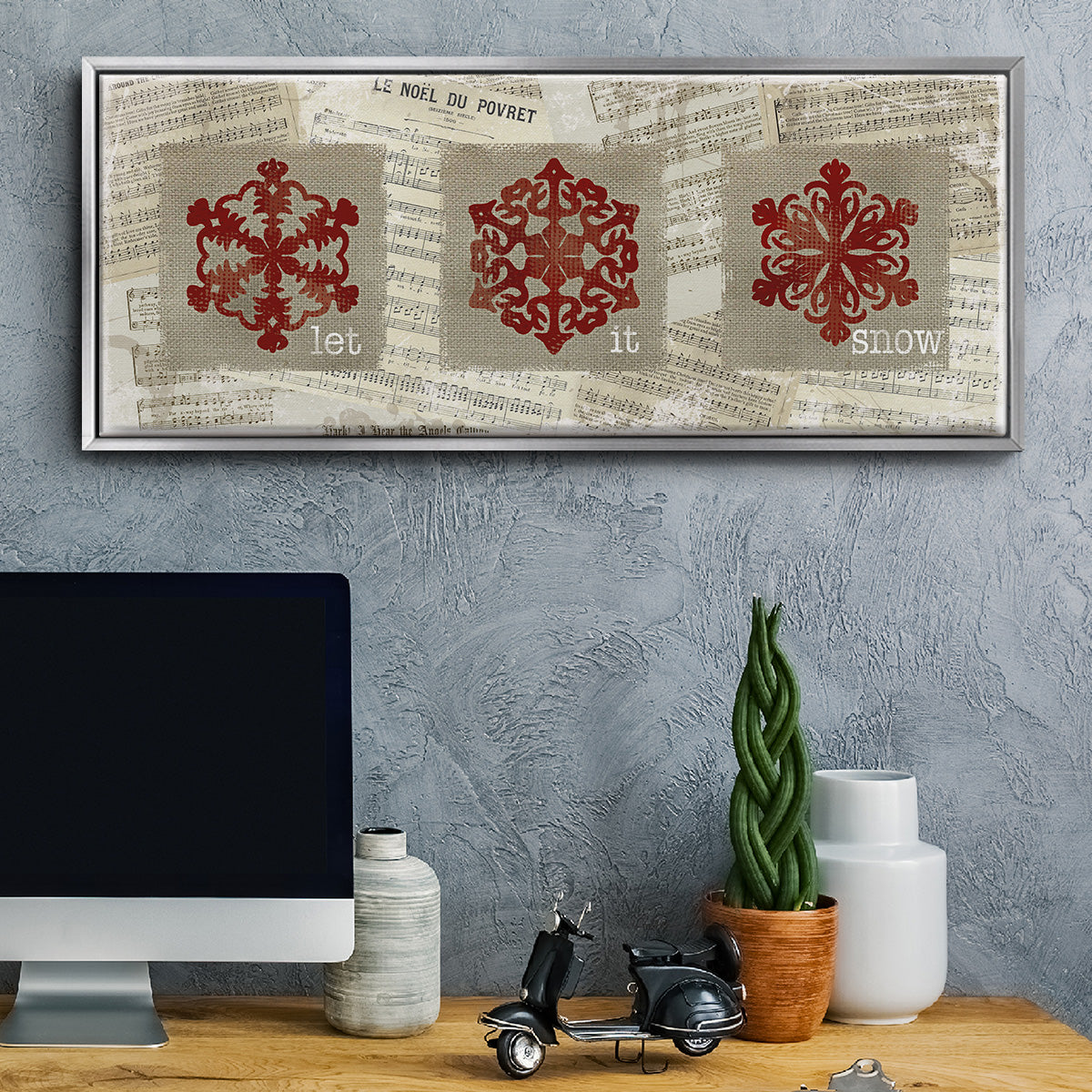 Burlap Music Snowflakes - Floater Framed Canvas Print