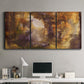 Three-panel canvas wall art featuring abstract architectural landscape, displayed above a desk in a home office.